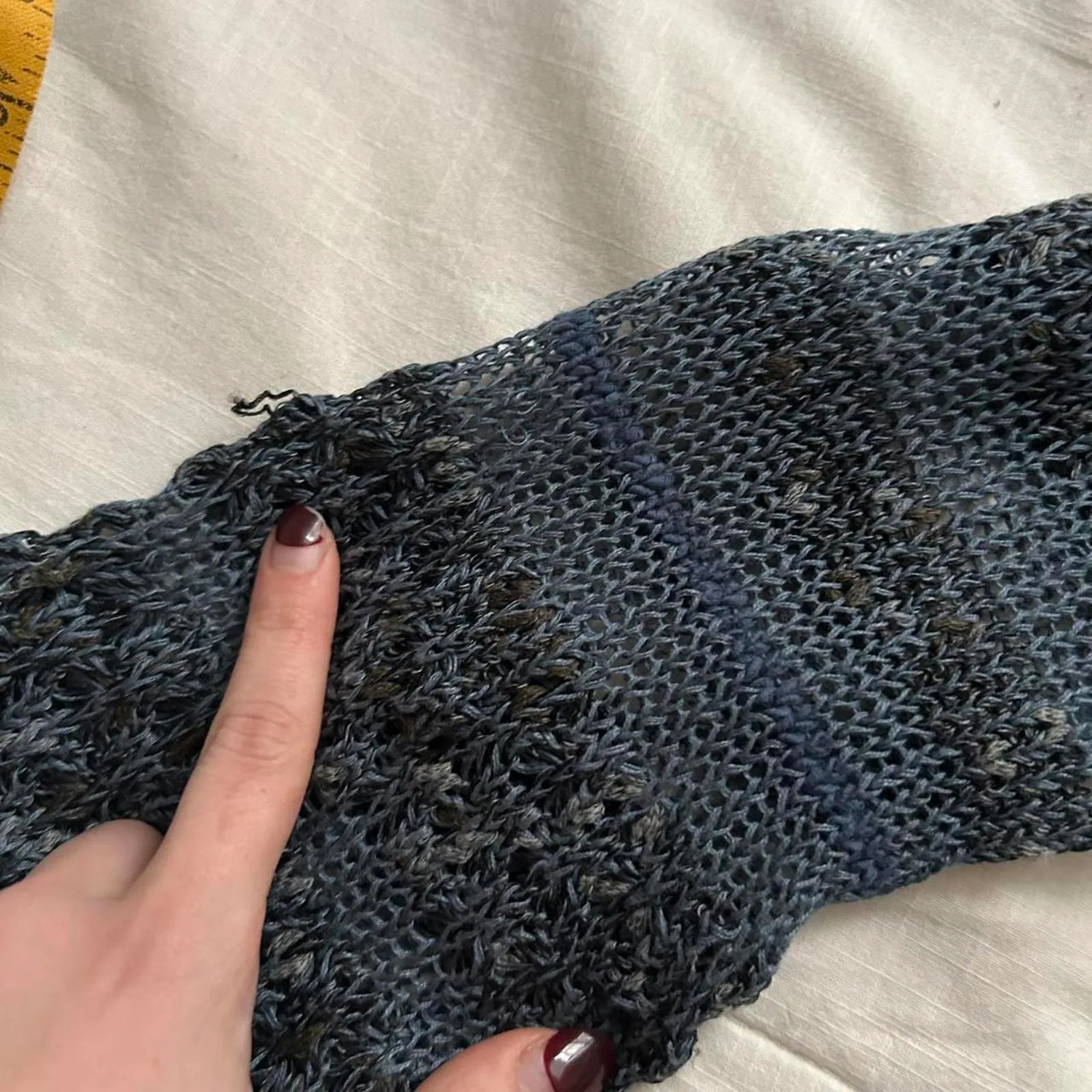 Ball of Cotton Navy blue open knit sweater with silk ruffle trim Size small - Image 5