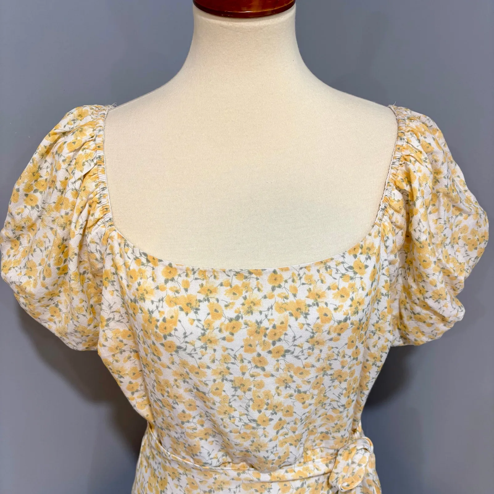 Yellow white cottagecore puff-sleeve wrap-dress mini, ruffle feminine cruise, XL - Image 2