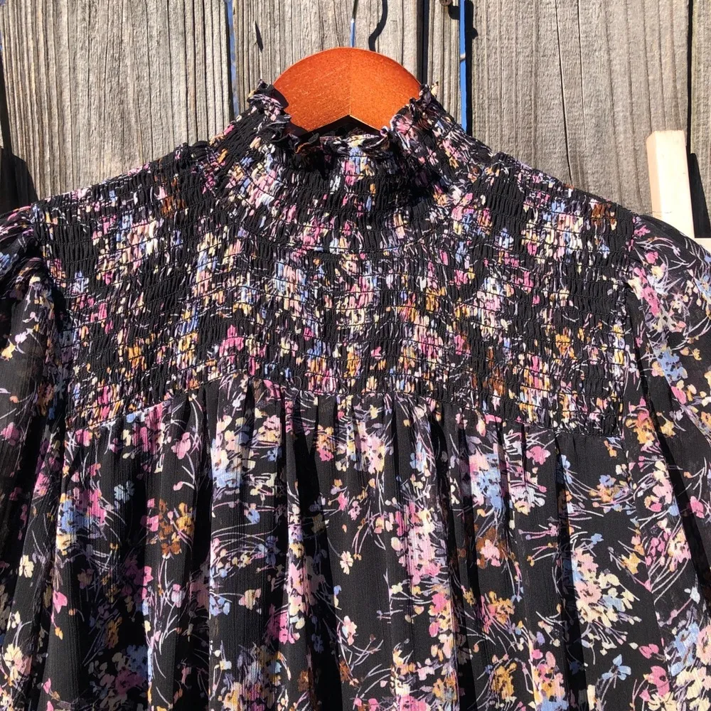 CeCe Black Floral Tiered Chiffon Long Sleeved Dress M - Image 5