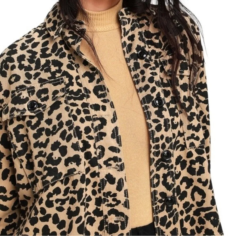 Lulus Fashionably Fierce Beige Leopard Print Denim Jean Jacket Size Small NEW - Image 7