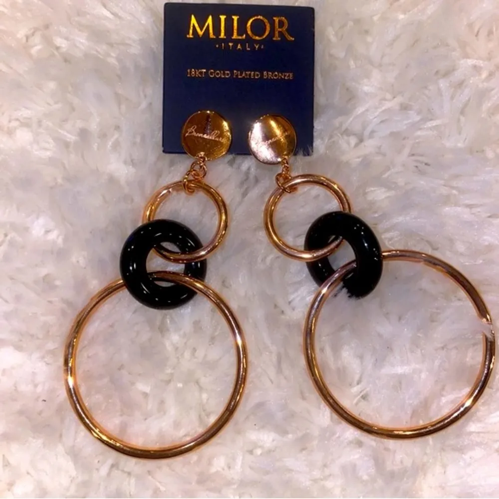 🆕 18kt Rose Gold Bronzallure & Onyx 3” Dangle Circle Hoop Earrings, MILOR Italy Pink - Image 13