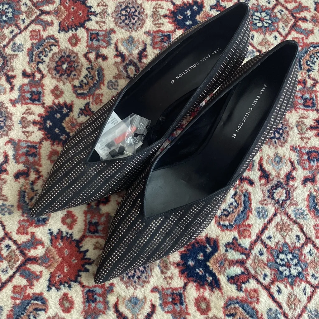 NWT Zara Black & Gold Rhinestone Kitten Heels - Image 2