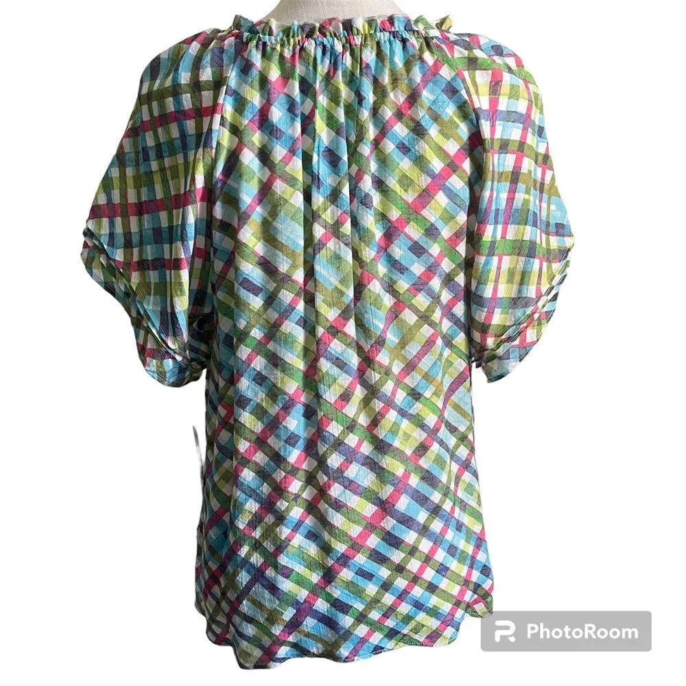 Zac & Rachel Checkered Lightweight Button Front Popover Blouse Women’s Size M Blue Size M - Image 2