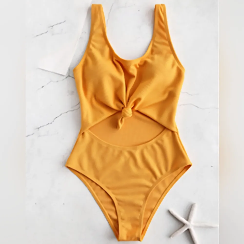 Zaful Women's Tie Knot Front Ribbed High Waist Cut Out One Piece Swimsuit Size S - Image 4