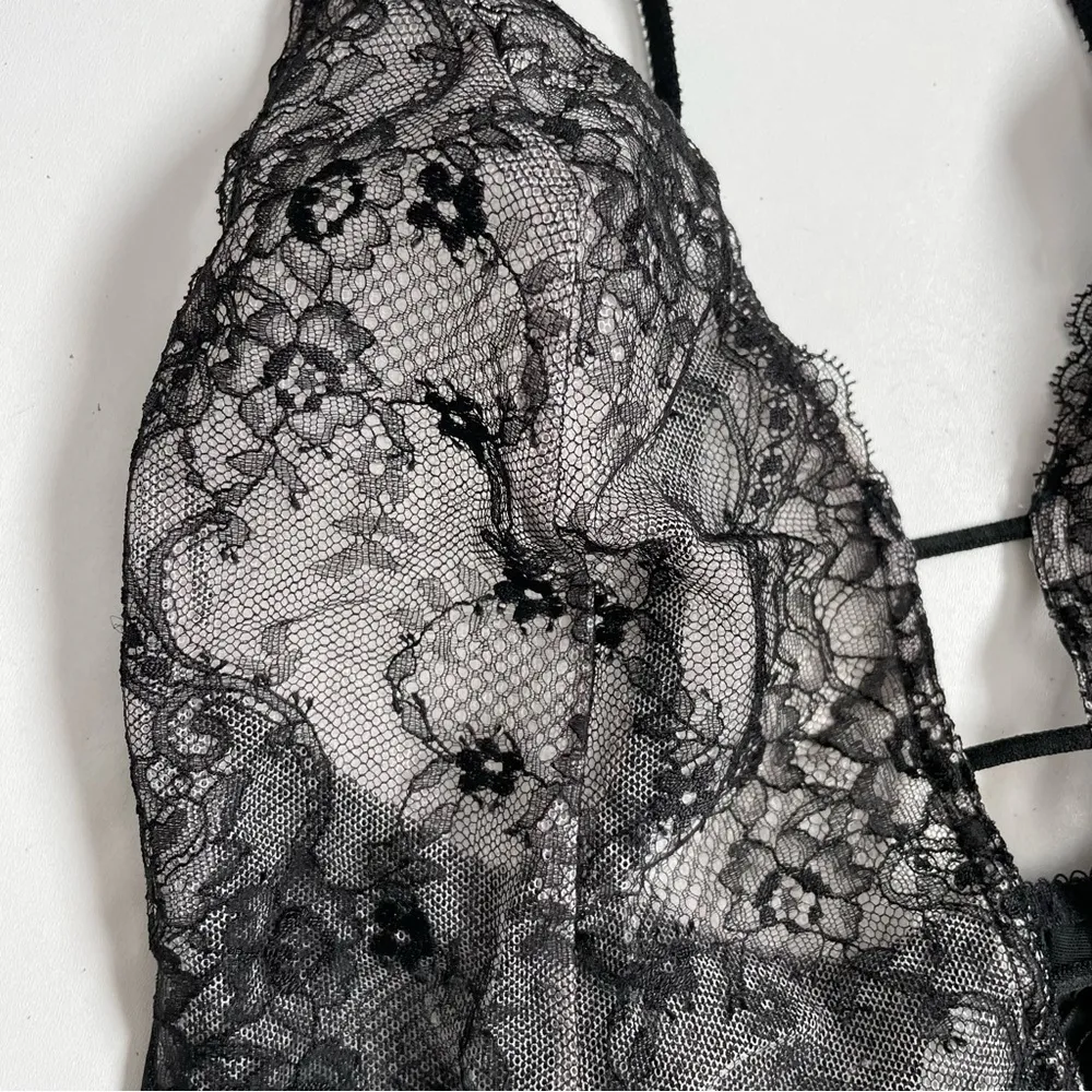 Victorias Secret Body Suit Nighty Thong Lace Plunge Neck Corset Lace Up Black - Image 4