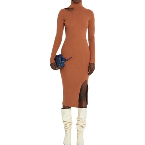 CAARA Ribbed Cutout Turtleneck Midi Sweater Dress - Image 2