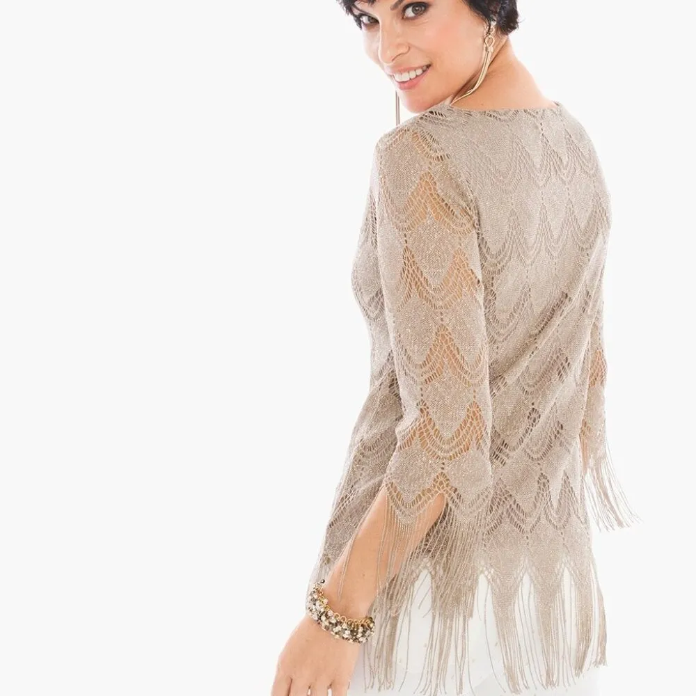 Chico's NWT Gold Sparkly Long Sleeve Scalloped Fringe Blouse - Image 3
