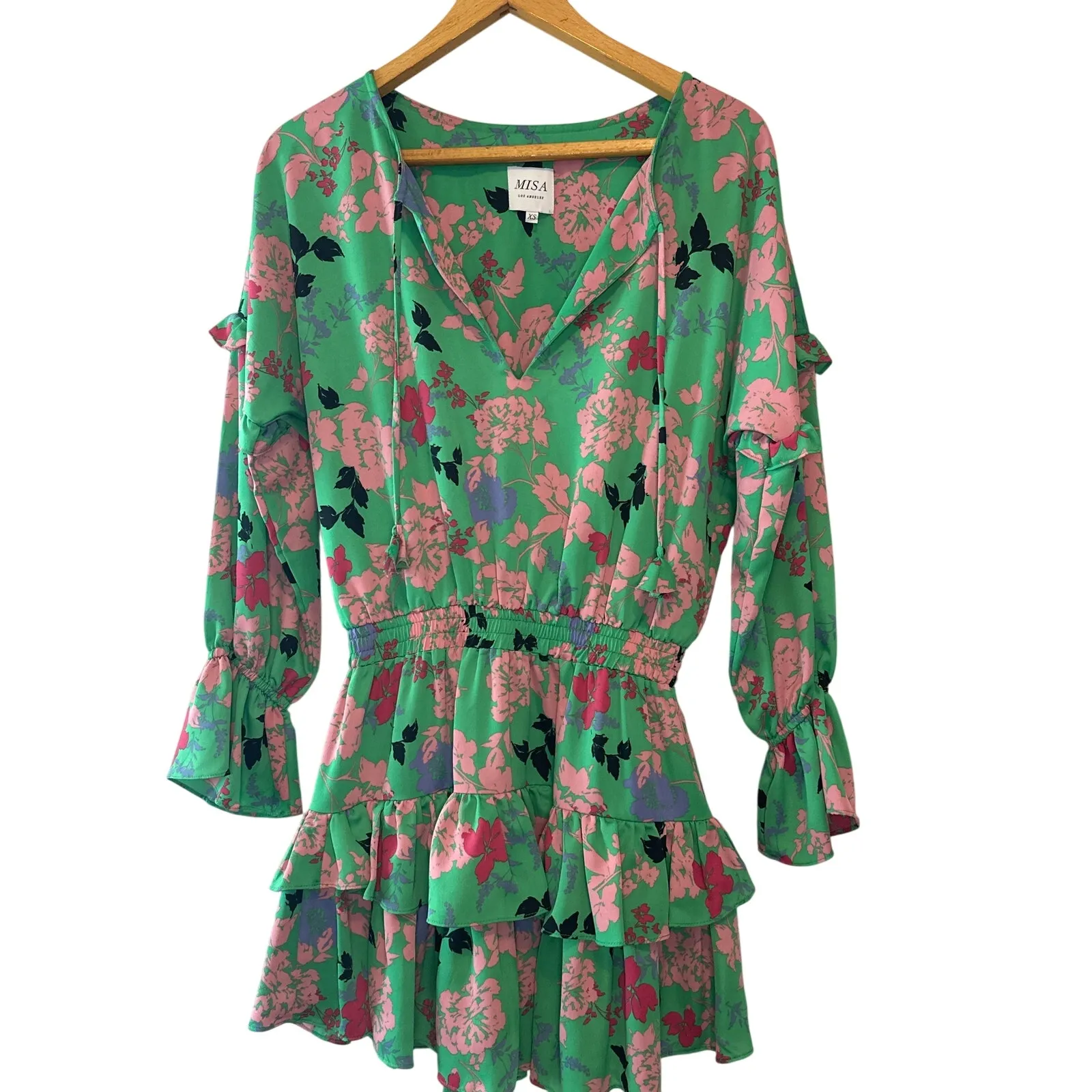 MISA Los Angeles Amalya Green Floral Tiered Ruffle Mini Dress XS Boho - Image 3