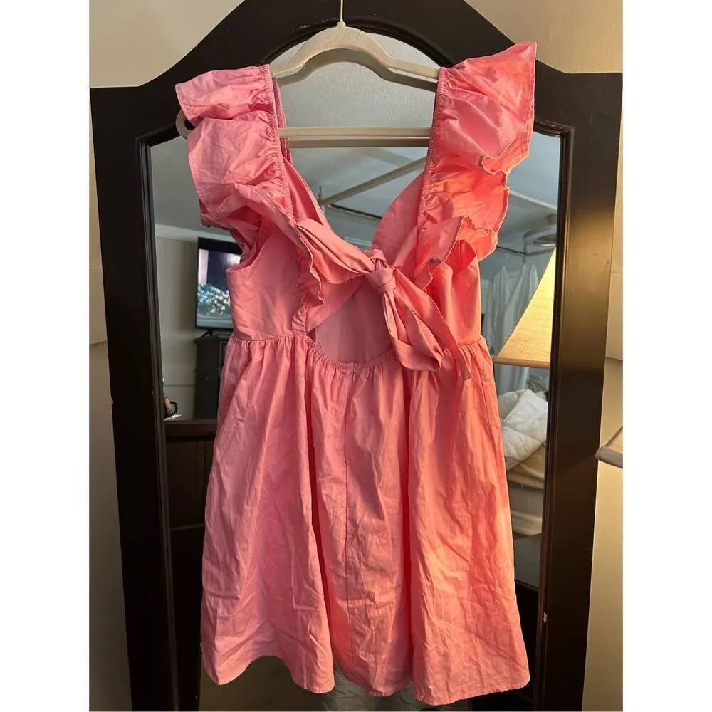 NEW Deep V Neck Ruffle Sleeve Mini Backless Dress L Pink Size L - Image 4