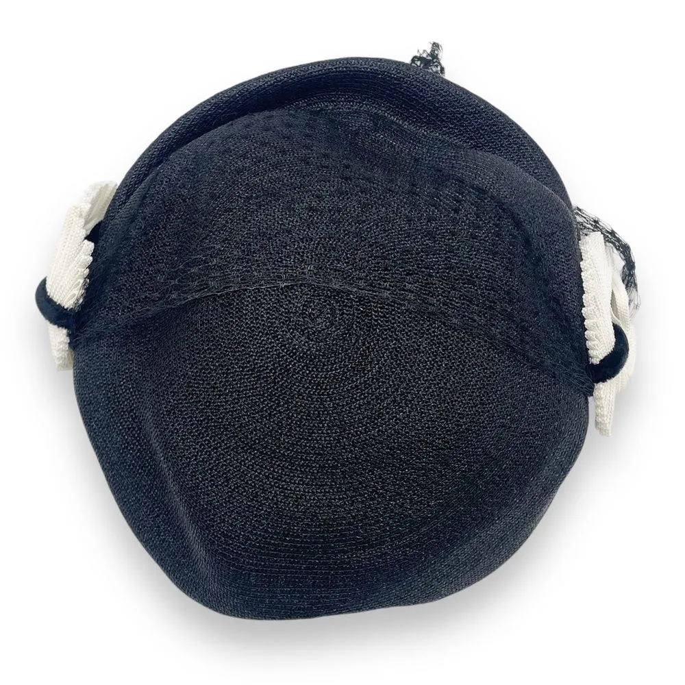 Vintage 50s Tilt Hat Black & Cream Straw Close Style Fascinator Black Mesh Veil - Image 13