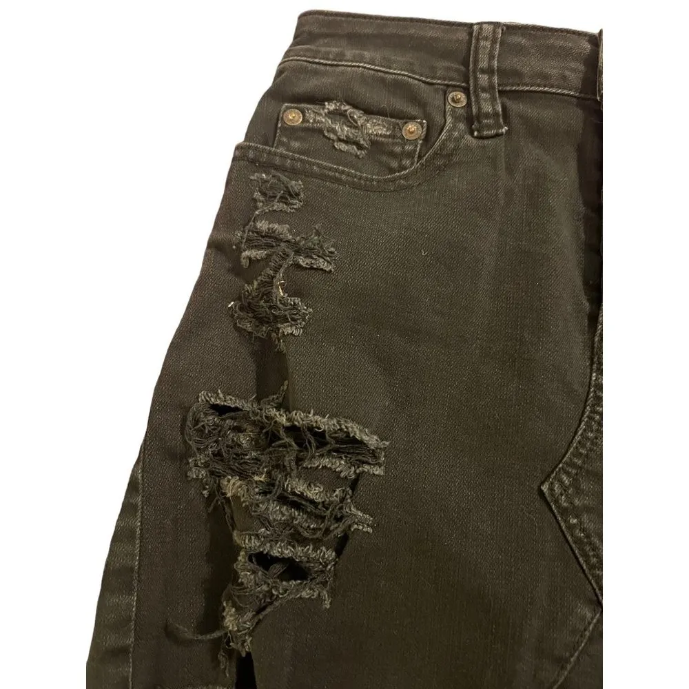 American Eagle Black Denim Mini Skirt Distressed Button Fly Frayed Hem Size 4 - Image 2
