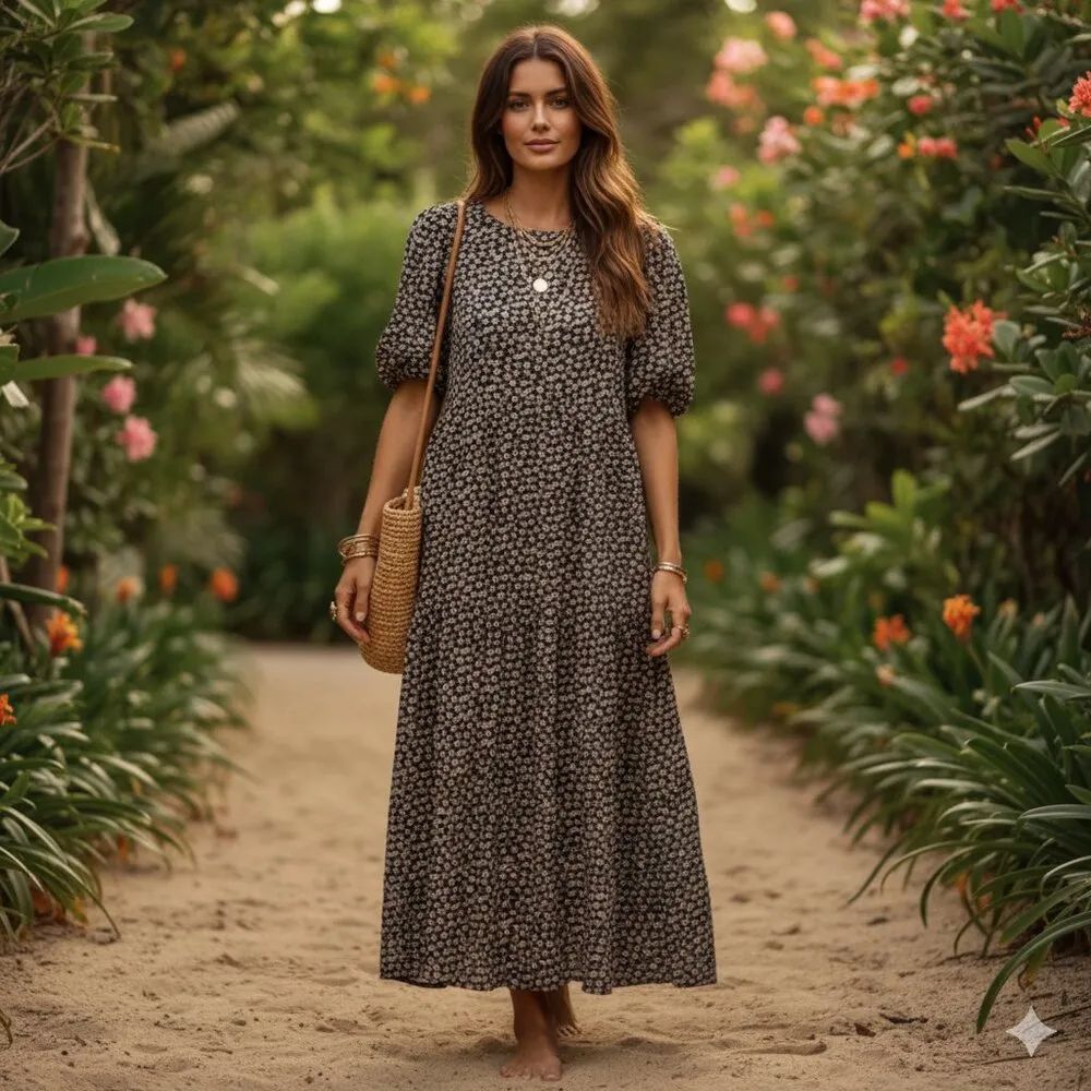 Things Between Black Pink Rose Floral Textured Tiered Maxi Dress M Size M - Image 1