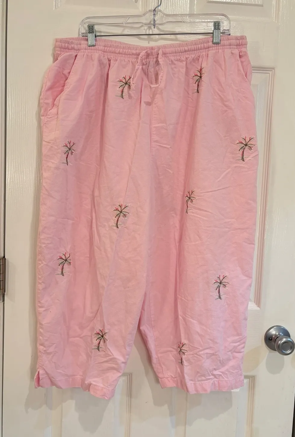 Ashley Woman 2X Pink Cotton Embroidered Palm Tree Capri Pants Drawstring Size XXL - Image 1
