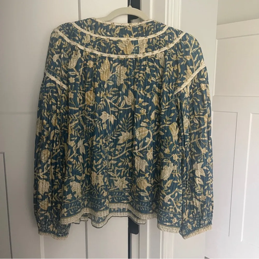 Ulla Johnson  Kirana Lanai Printed Boho Blouse Blue Tan Floral - Image 5