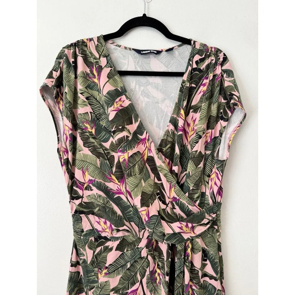 Lands End Pink Tropical Leaf Print V Neck Jersey Knit Maxi Dress Sz Large Resort - Image 3