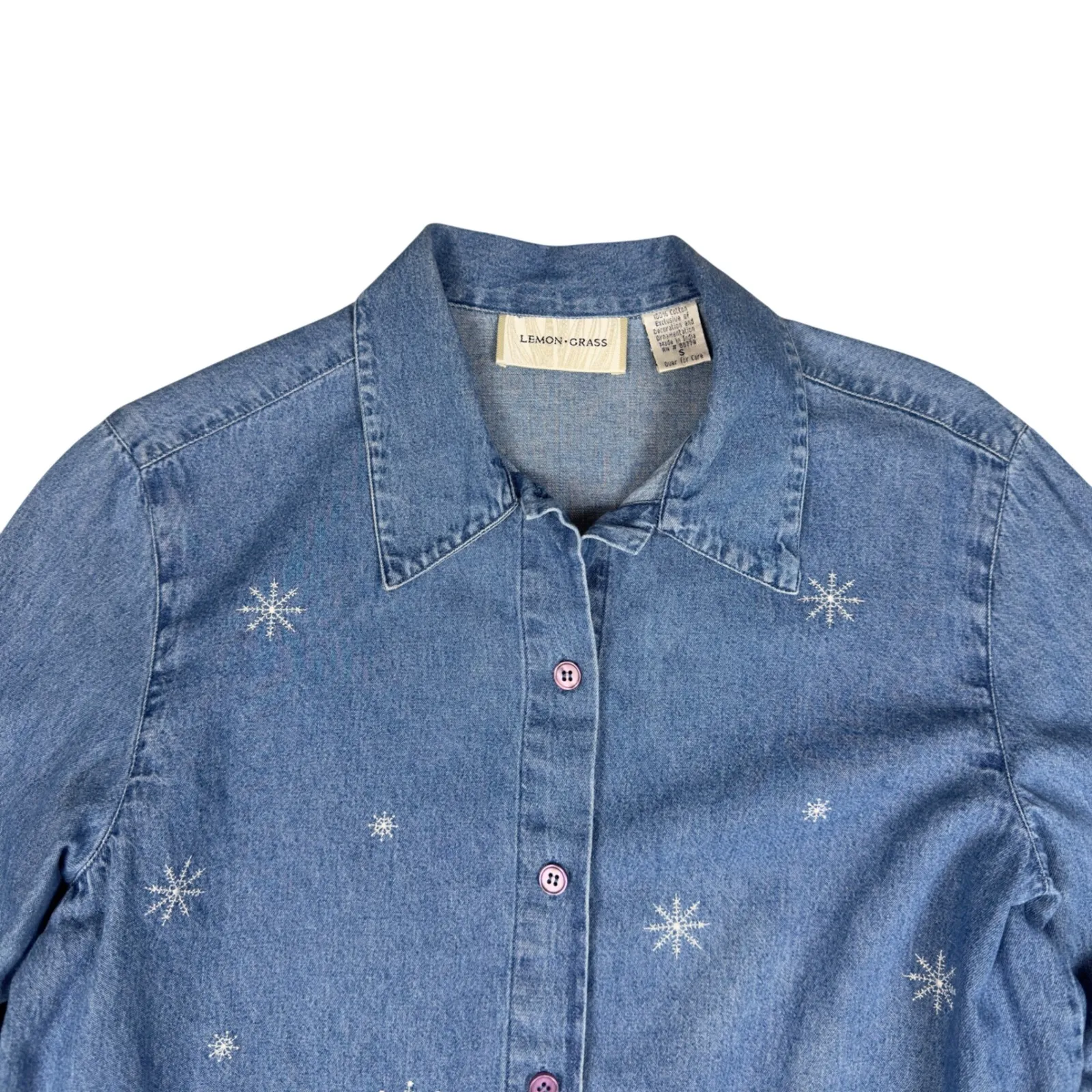Cottagecore Denim Christmas Snowman Embroidered Shirt Women's S Blue Winter 90s - Image 5