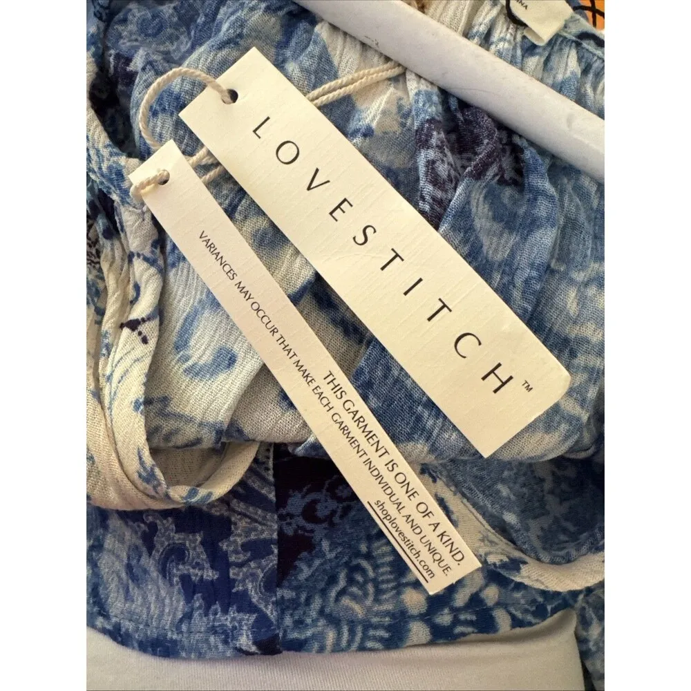 Love Stitch Bedford Patchwork maxi dress Blue Short Sleeve Tasselled Size M New - Image 7