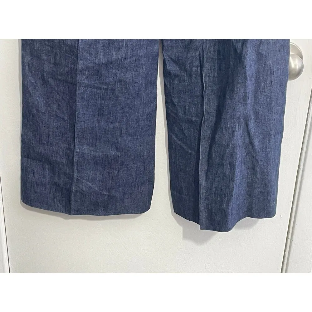 Lafayette 148 NY Linen Chambray Pants Size 6 High Rise Tie Belt Wide Leg Preppy Blue - Image 5