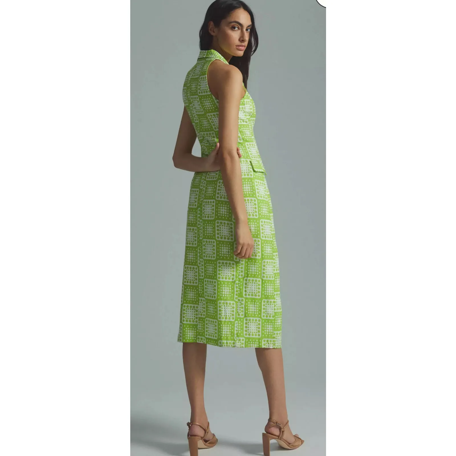 Anthropologie The Odells Button-Front Lime Green & White Midi‎ Dress Size 12 - Image 3