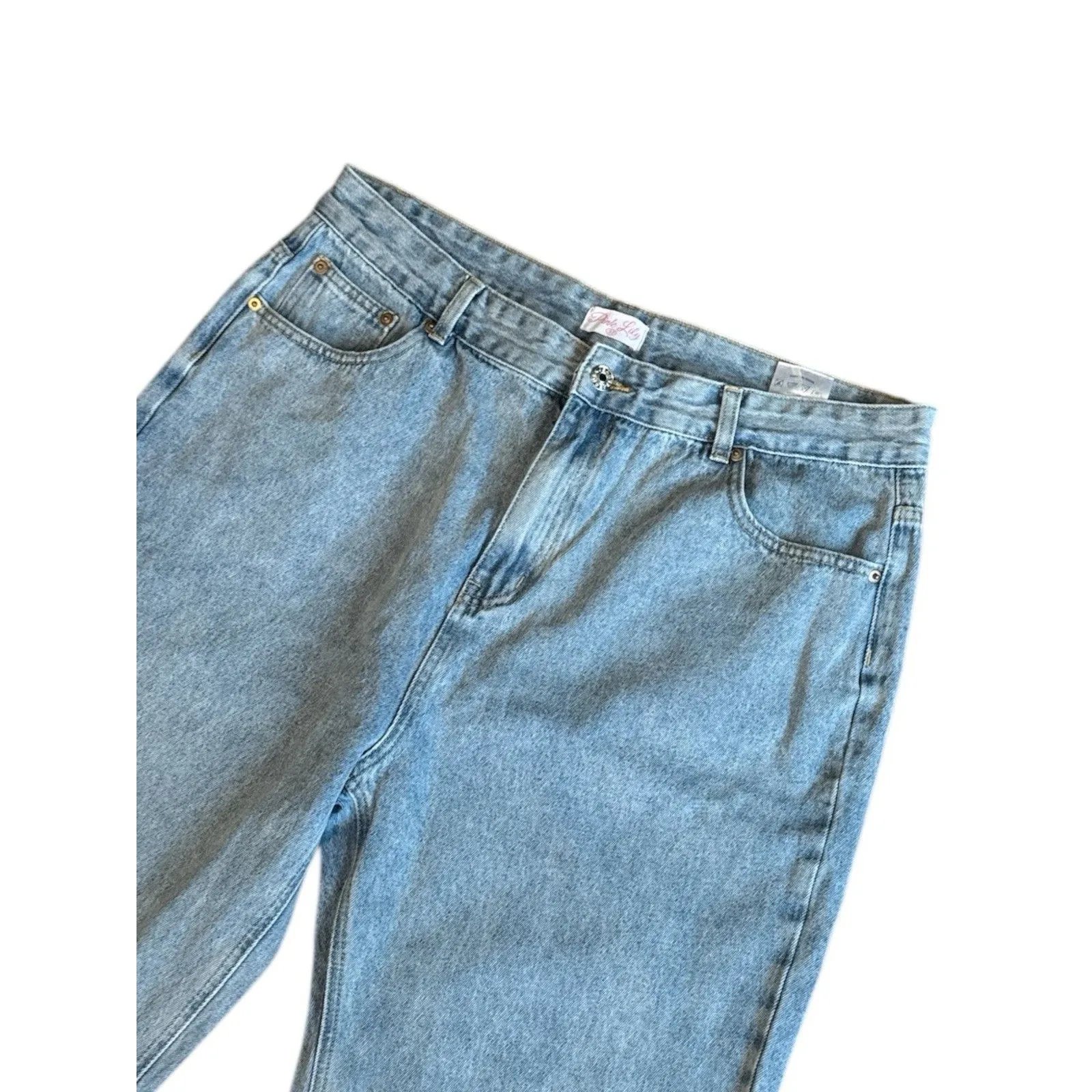 Baggy High Rise‎ Wide Leg Distressed Jeans Pink Lily Light Wash Denim Size 32 - Image 2