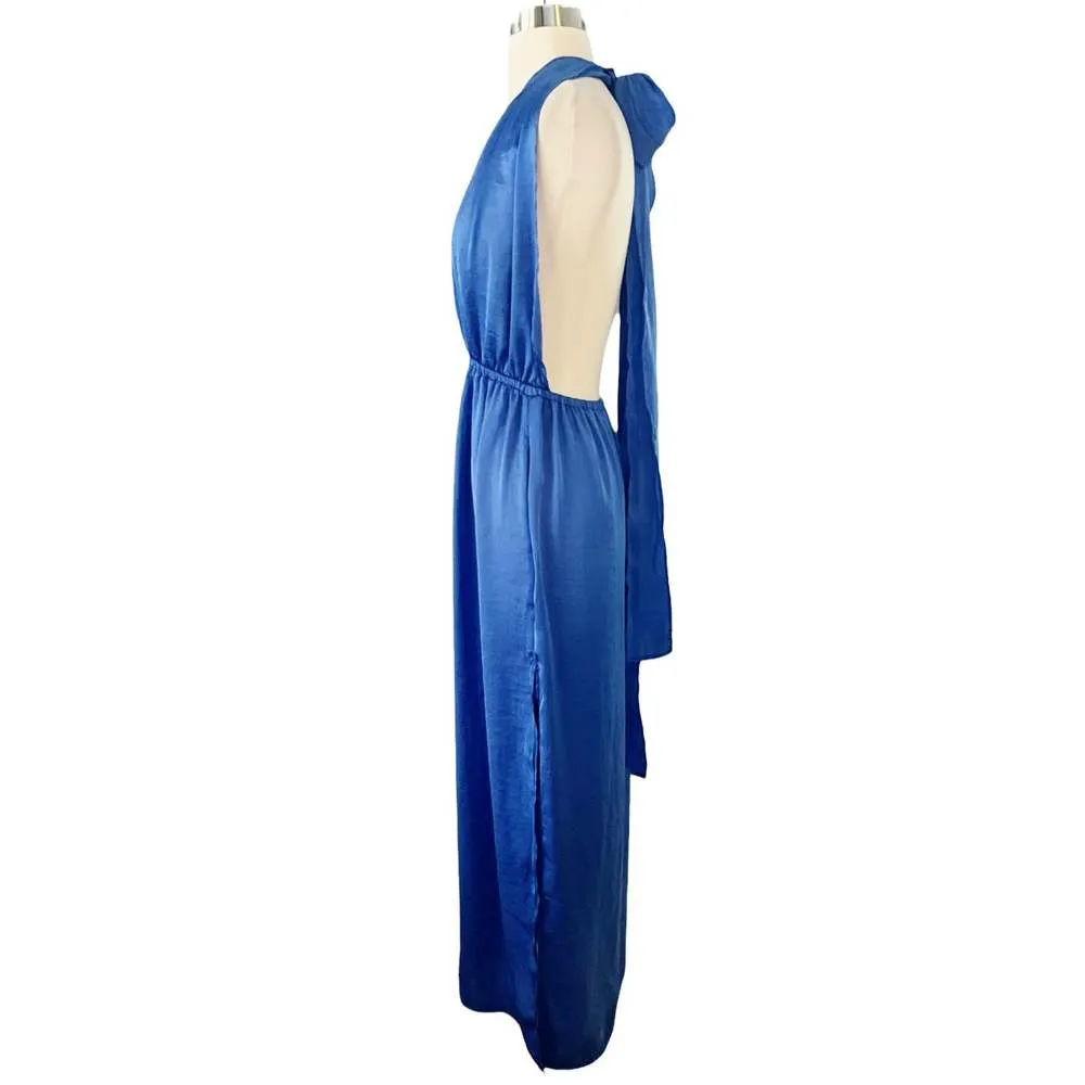 T. ZOVICH Blue Maxi Dress Satin Halter Ties Multiway Lightweight Ties Small NWT - Image 8