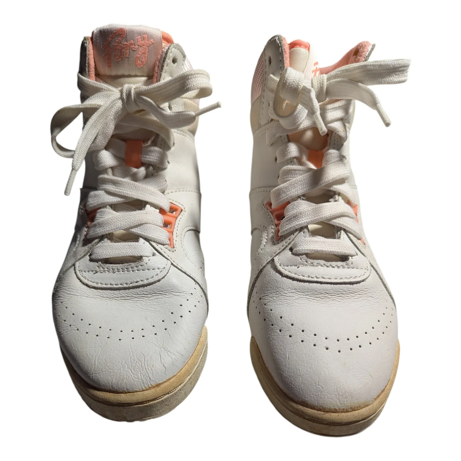 Vtg 1980s Pony White Leather Pink Detail High Top Lace Up Athletic Sneakers Sz 7 - Image 2