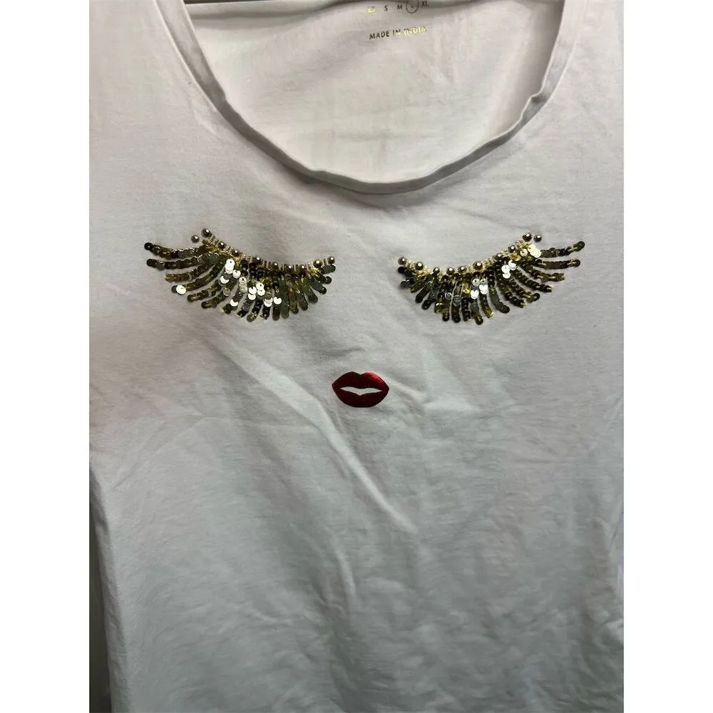Guess Women's Beaded White T-Shirt Size L Short Sleeve Casual Top - Image 3