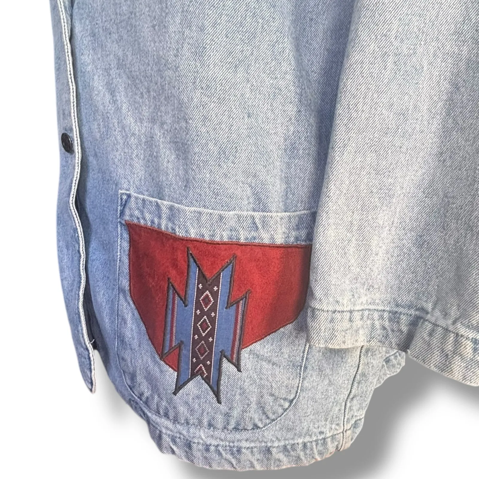 Vintage 90s Frontier Connection Denim Jacket Oversized Blazer Southwestern Art Blue Size M - Image 3