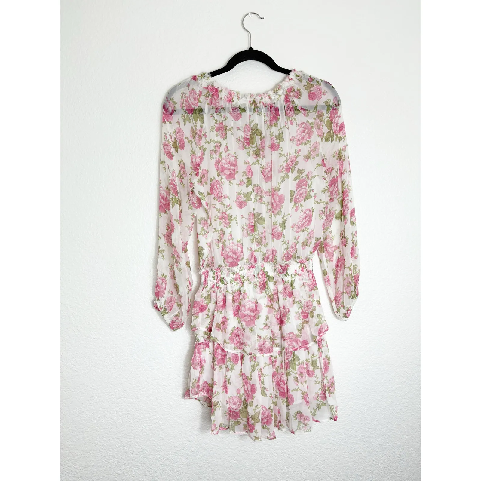 LoveShackFancy Popover Floral Silk Mini Dress Size Small Pink Long Sleeve - Image 14