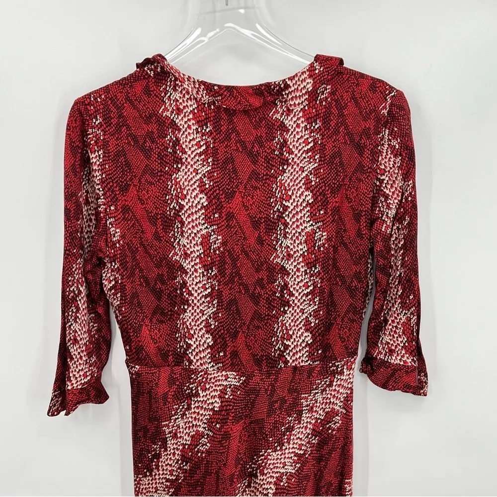 PHILIP DICAPRIO red V neck snakeskin print ruffle empire waist sheath dress 10 - Image 7