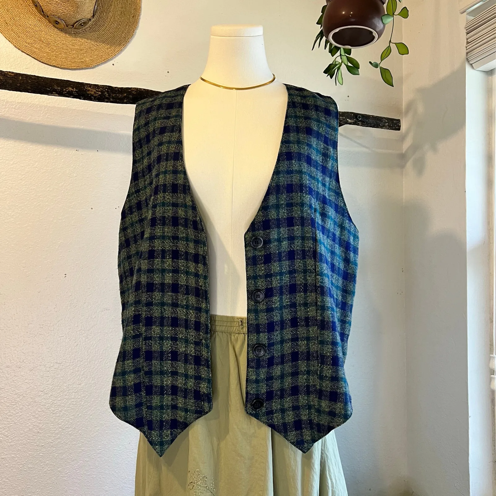 Vintage 90s Blue & Green Plaid Print Button Front Vest Top Size Large USA - Image 11