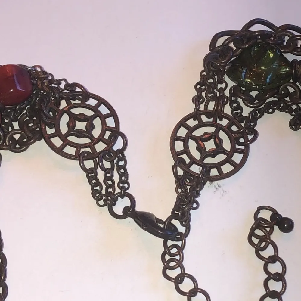 Brass Tone Bronze Tone Multi Strand Chain Beaded Boho Acrylic Beads Necklace - Image 2