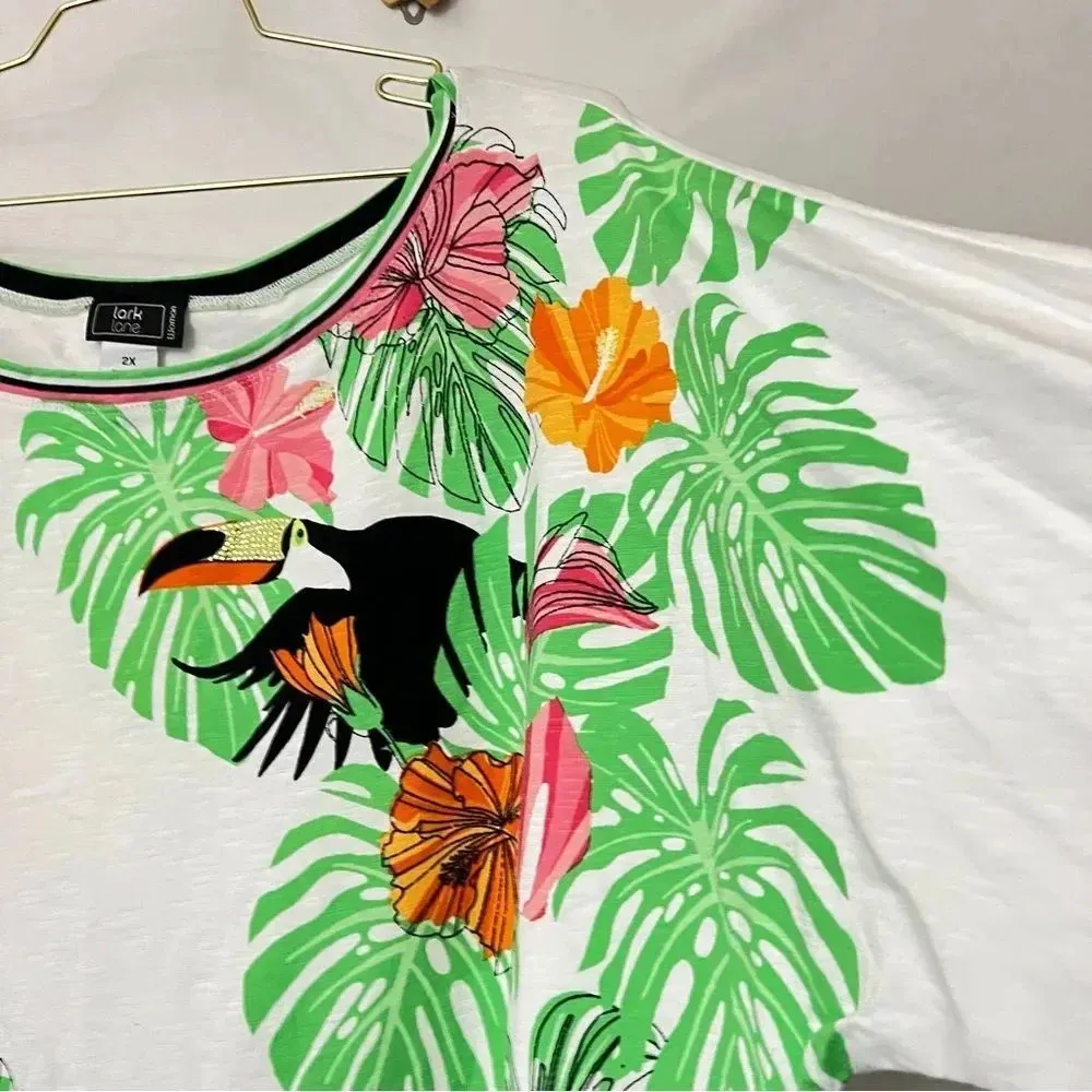 Lark Lane Woman 2X Hawaiian Floral Blouse Top 3/4 Sleeve Cotton Blend Toucan White - Image 5