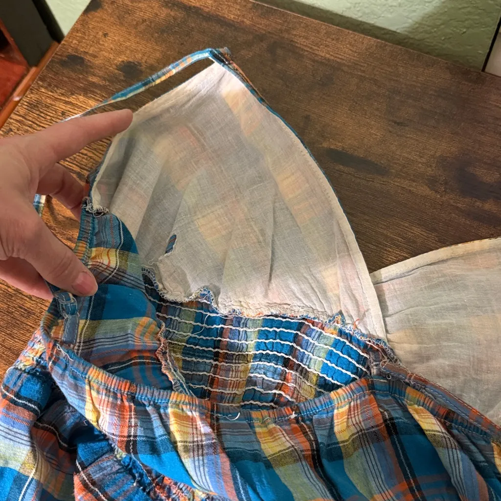 Vintage Plaid Spaghetti Strap Dress with floral embroidery and eyelet lace Blue Size M - Image 8