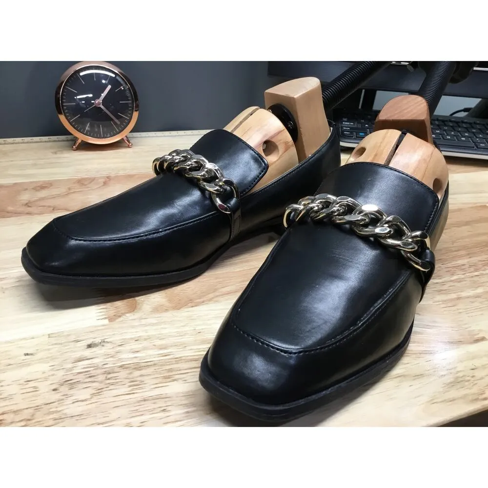 Nine West Loafers Womens 7 Black Leather Chain Slip-On Square Toe Flat Shoes - Image 4