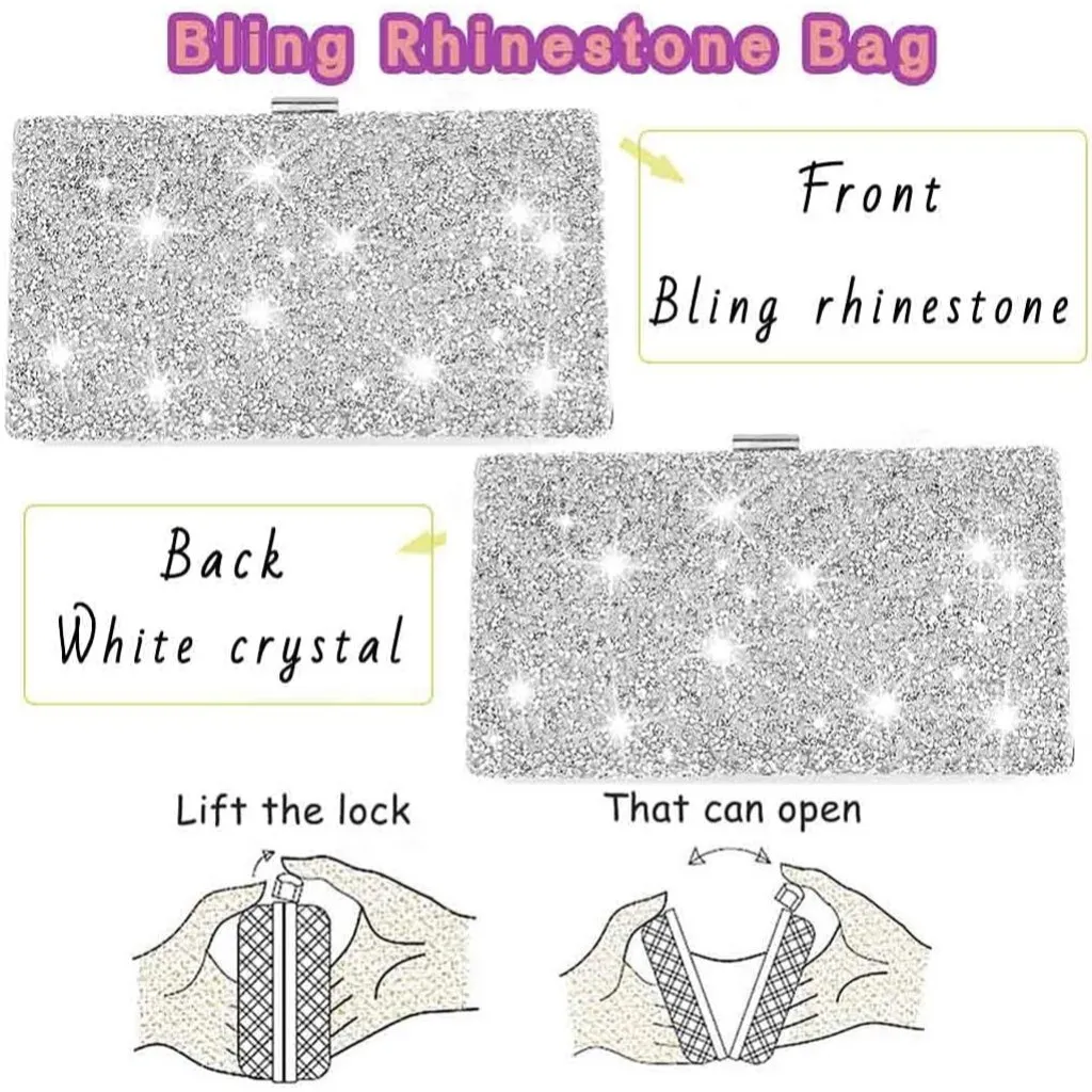 ⚡ Women's Glitter Double Sided Diamond Evening Clutch Crossbody Silver Bag - Image 3