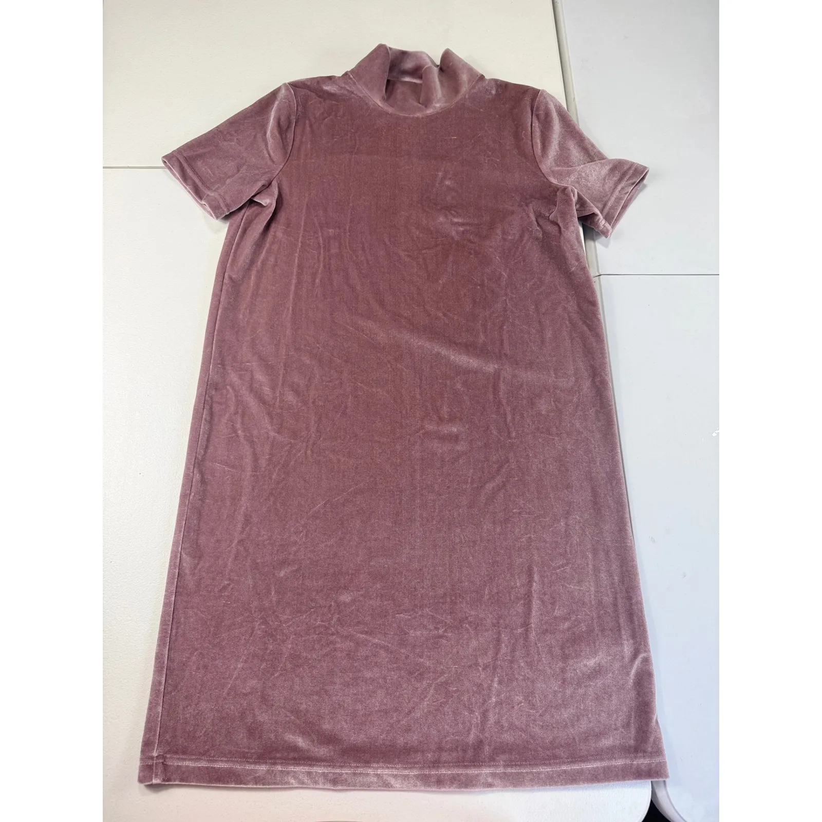 Madewell Velvet Mock Neck Short Sleeve Mini‎ Dress Mauve Pink XS - Image 2