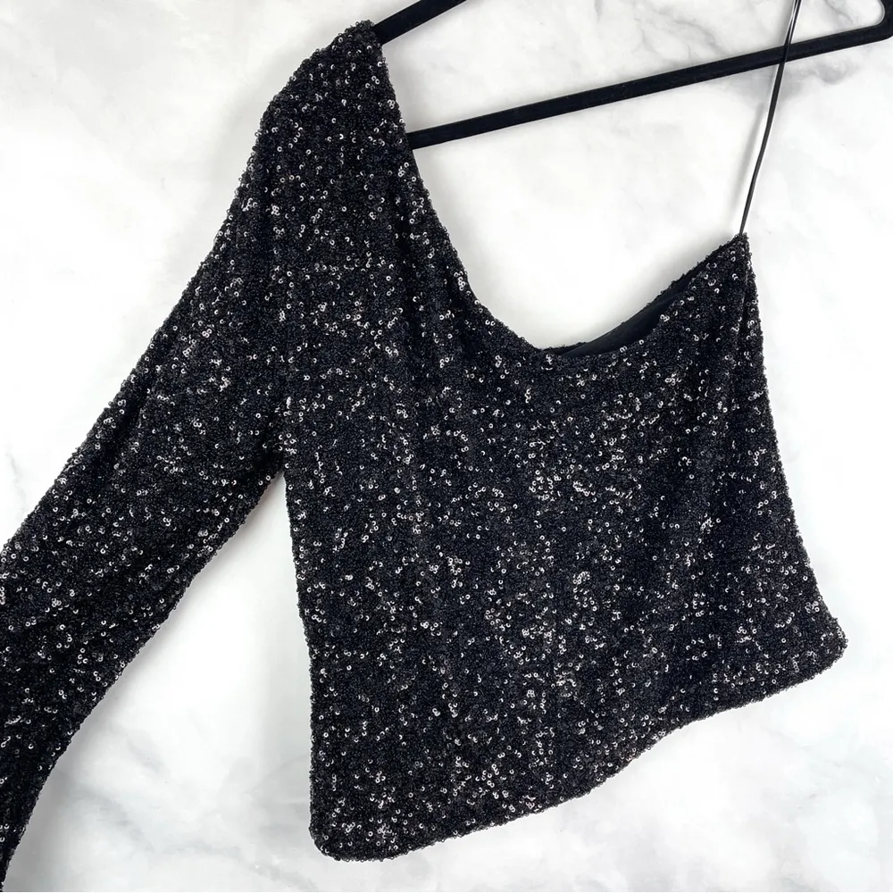 NWT Mango Mng Sequin Asymmetric Long Sleeve One Shoulder Blouse Top Glam Sexy L - Image 6