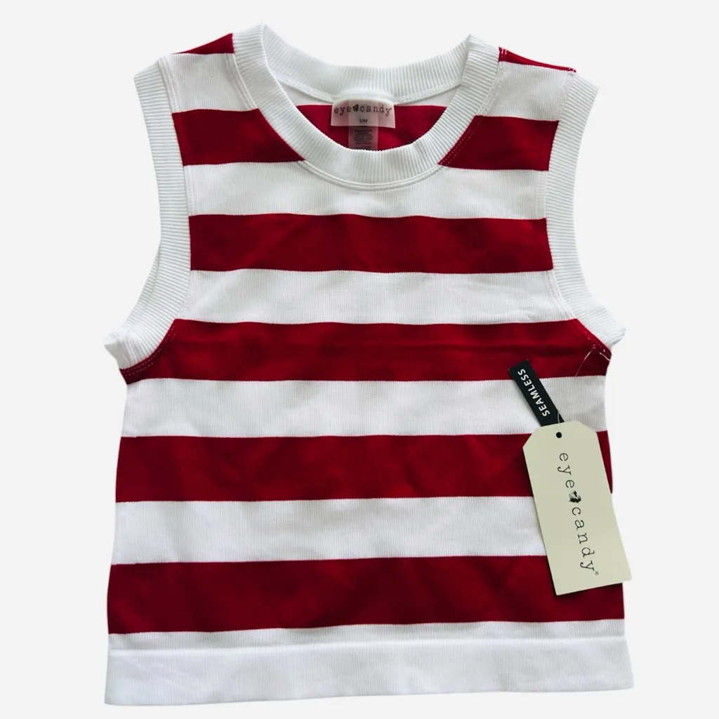 Eye Candy NWT Striped Knit Tank Top Red White Sleeveless Seamless Crop Size S/M - Image 8