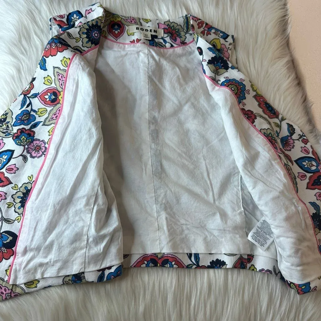 BODEN Tailored Linen Waistcoat Floral Vest Size 2 White - Image 7