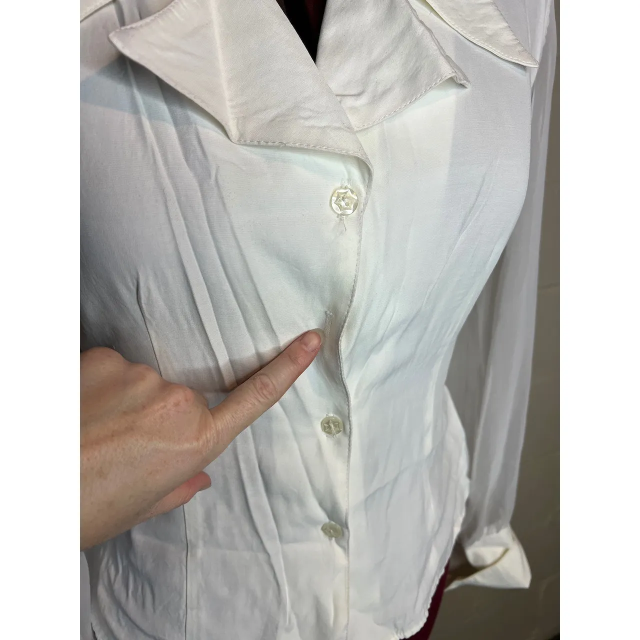 blouse button front sheer sleeves oversized collar White Size M - Image 8