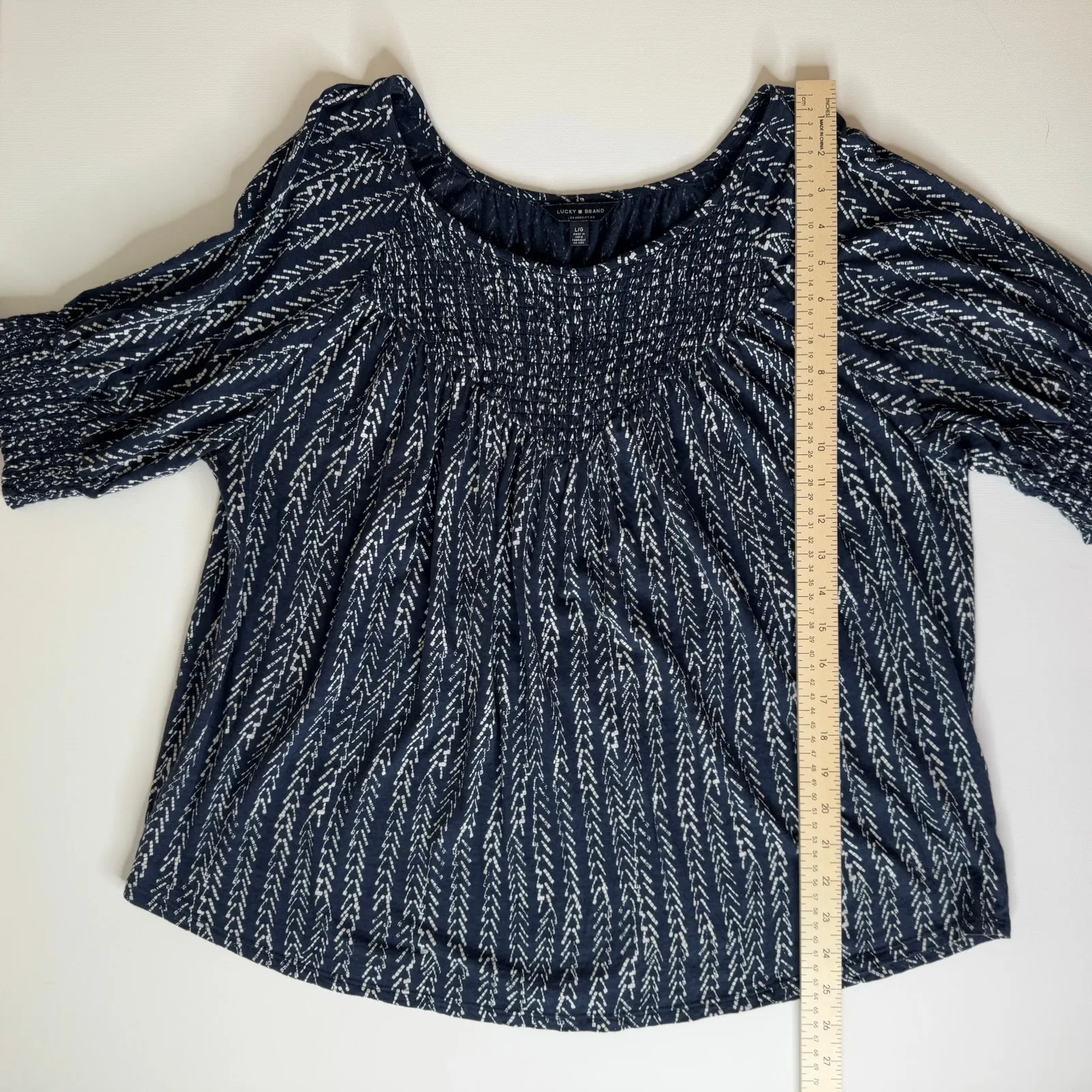 Lucky Brand Womens Smocked Cotton Blouse in Navy and White Sz L |‎ Boho Neutral - Image 14