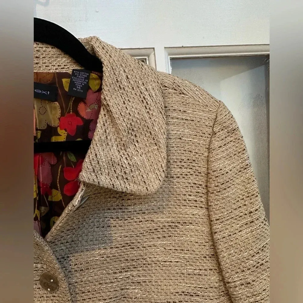 Context Tan Beige Gold Metallic Tweed Blazer Jacket Floral Lining Size 14 - Image 3