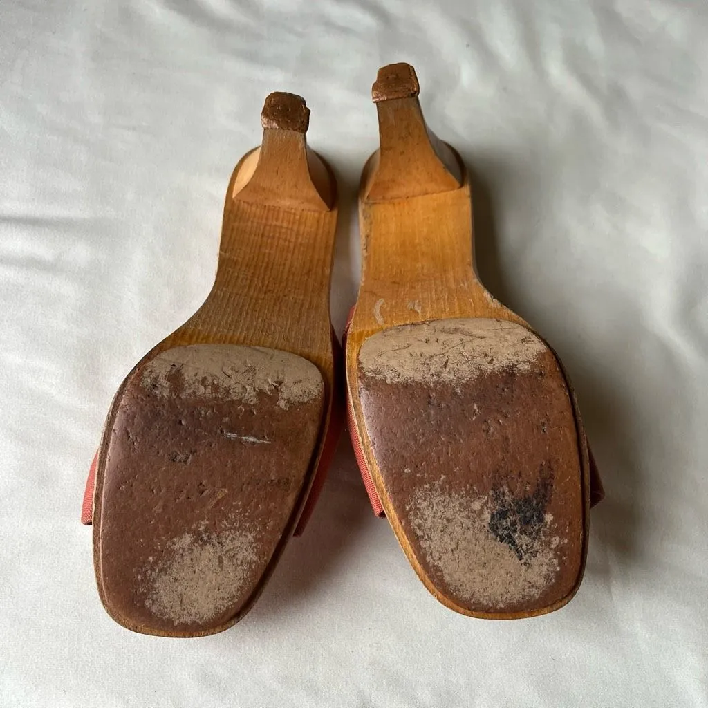 Jacques Cohen 1970s Mauve Canvas Peep Toe Sandal‎ Heels Made in Spain Size 7/7.5 Red - Image 8