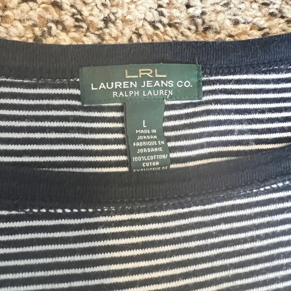 Lauren‎ Ralph Lauren Black & White Striped 3/4 Sleeve Boat Neck Top Size L - Image 3