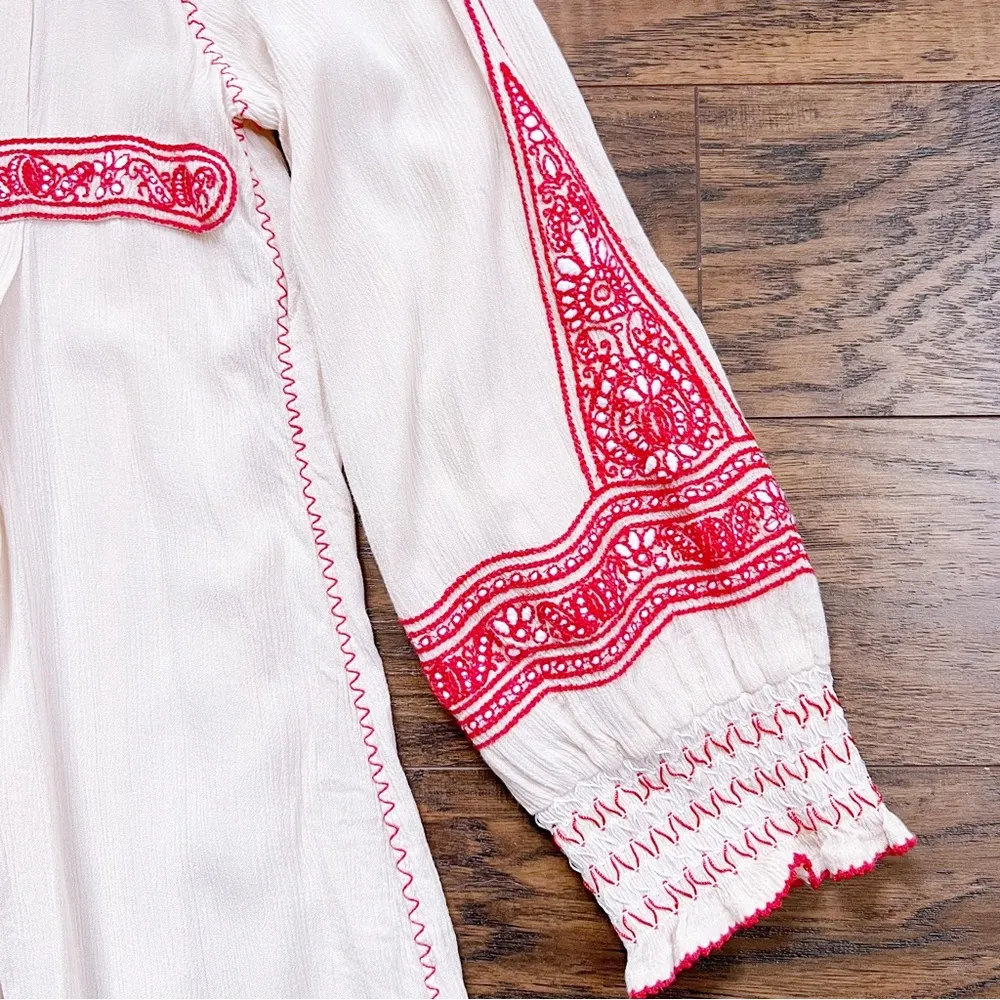 Free People • Wind Willow embroidered mini dress peasant smocked tassel cream - Image 9