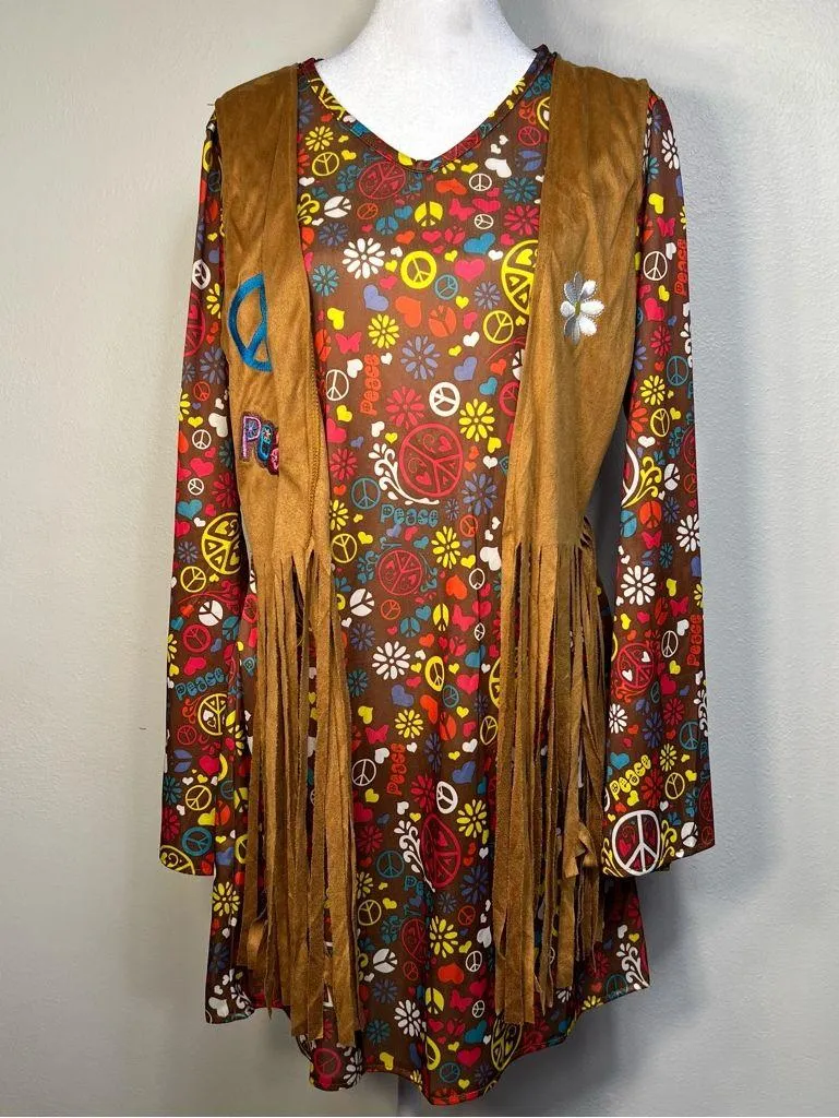 Peace  Love Hippie flower Power Adult Costume Fringed Vest Polyester M/L daisies - Image 4