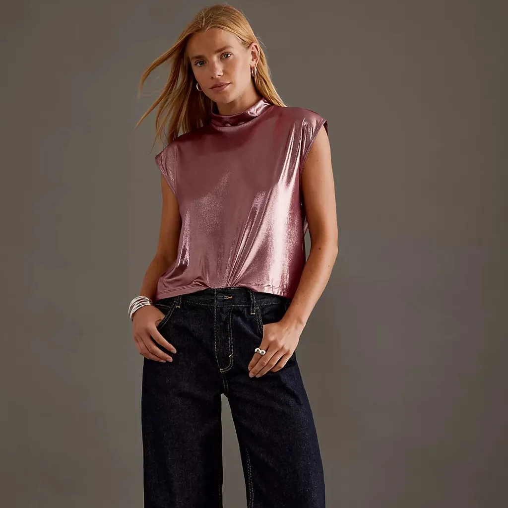 By Anthropologie • Cowl-Neck Liquid Shine Top Pinkish Red - Image 13