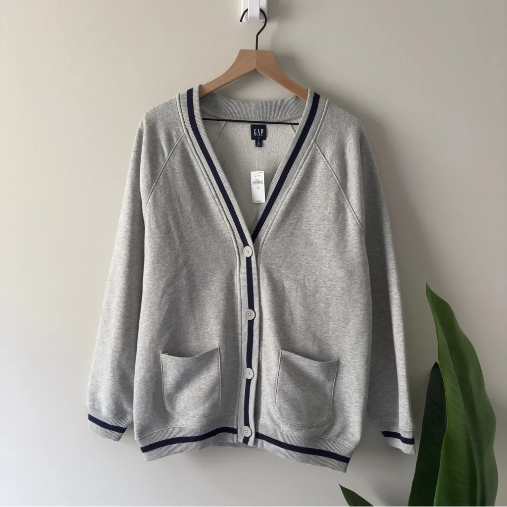 Gap Vintage Soft Oversized Cardigan Gray Sweater Navy Trim Button Down Cozy NWT - Image 3