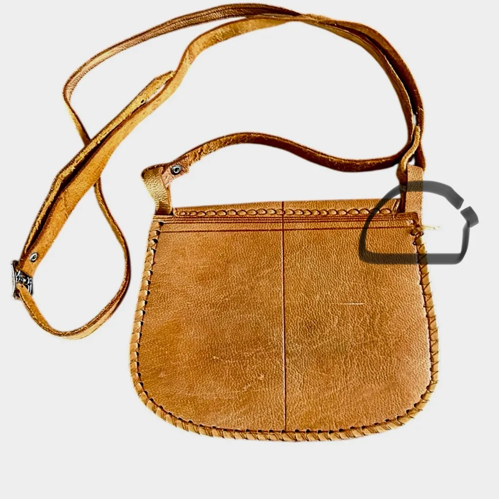 Moroccan Hand Crafted Tooled Leather Small Sling Bag Tan - Image 2